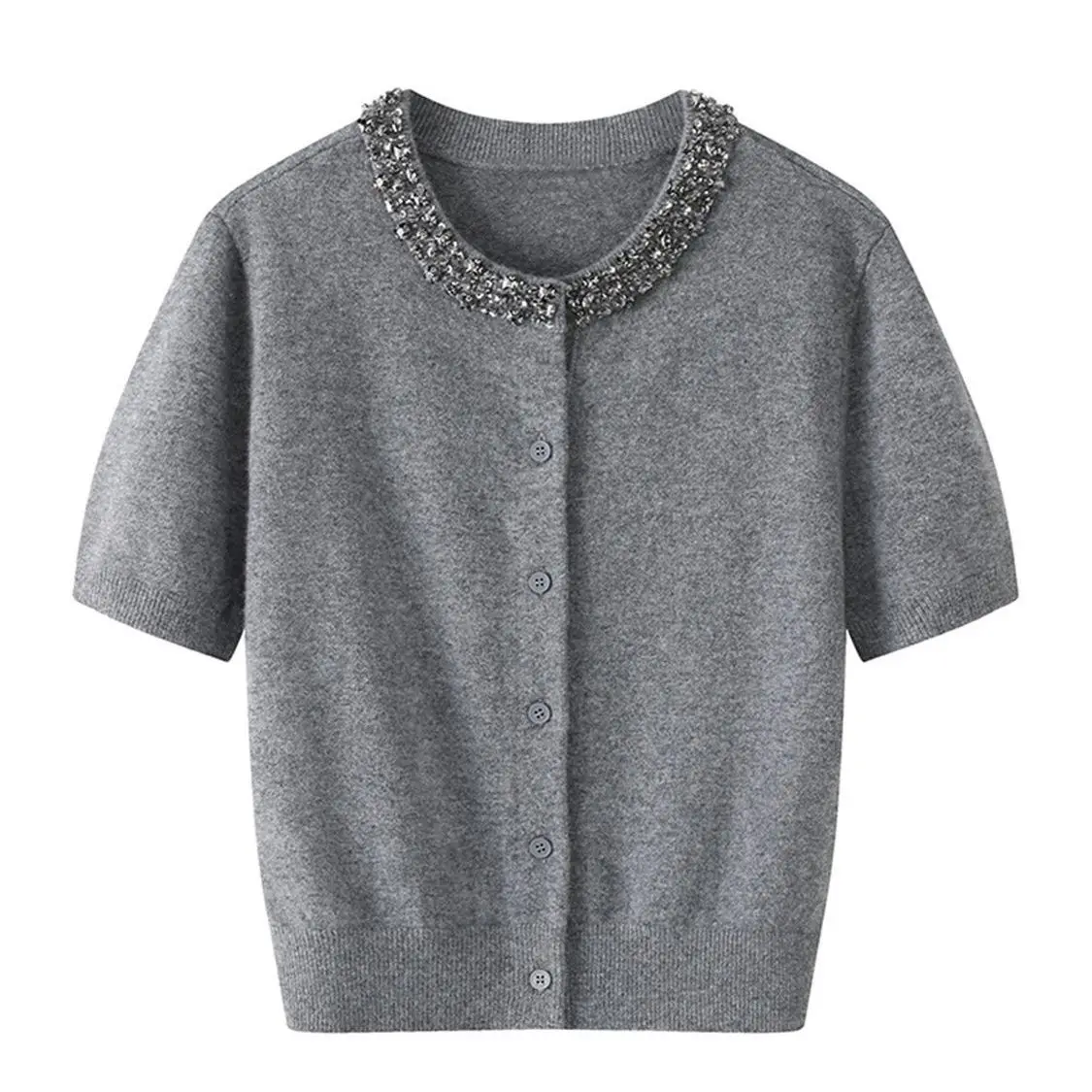 

Spring And Summer New Beading Round Neck Loose Single Breasted Women's Knitted Short Sleeve Fashion Short T-Shirt