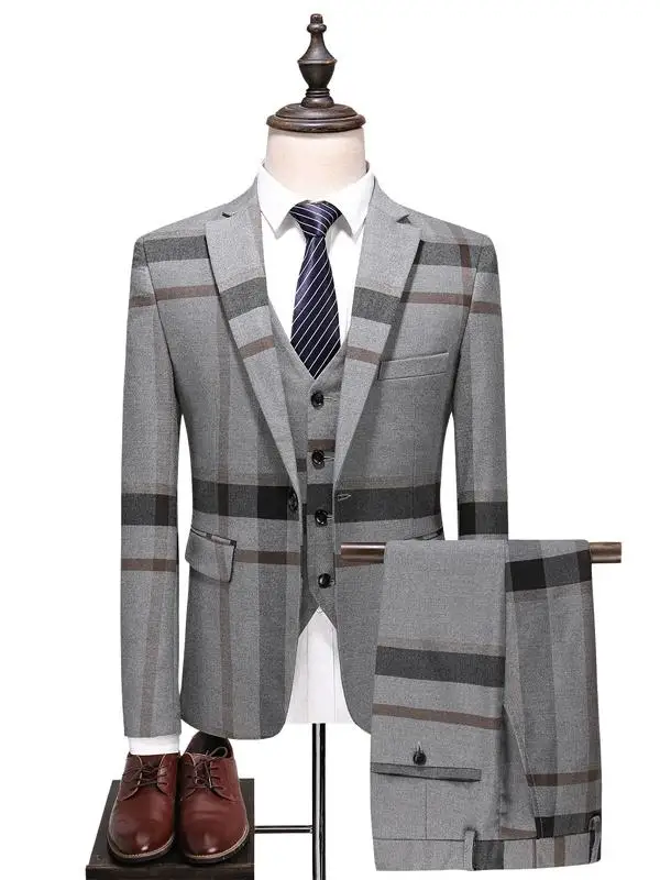 

plus Size Men's Wedding Suit Tee-Piece Set Faionable Briti Plaid Korean Sle Slim Fit Young Men's Formal Dr