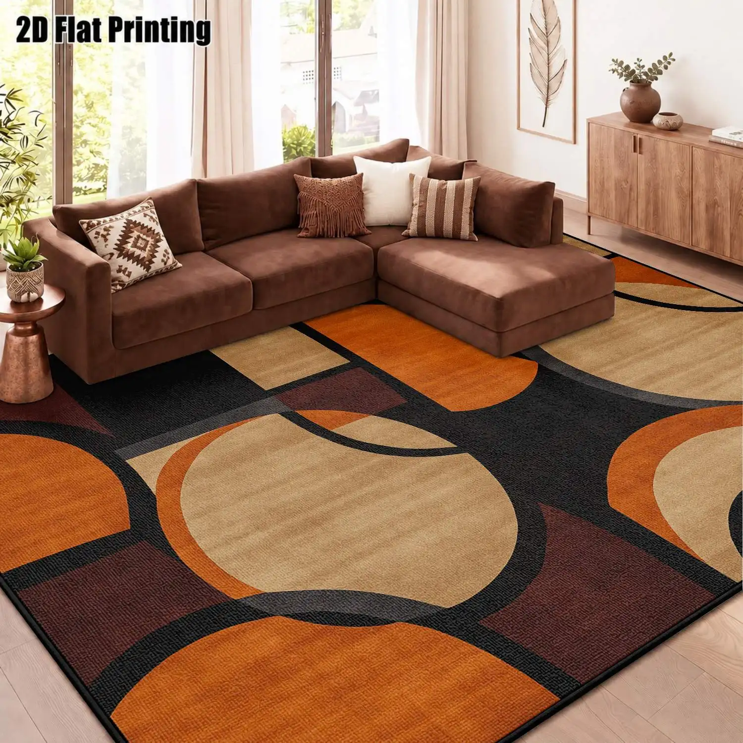 1Pc 2D Printed Carpet: Brown-Orange Geometric Abstract Patterns, Nordic/Modern Minimalist/European/Vintage Styles, Multi-Size, Machine Washable, Ideal for Home Decor Including Entryway, Dining Room, Foyer, Bedroom, Living Room