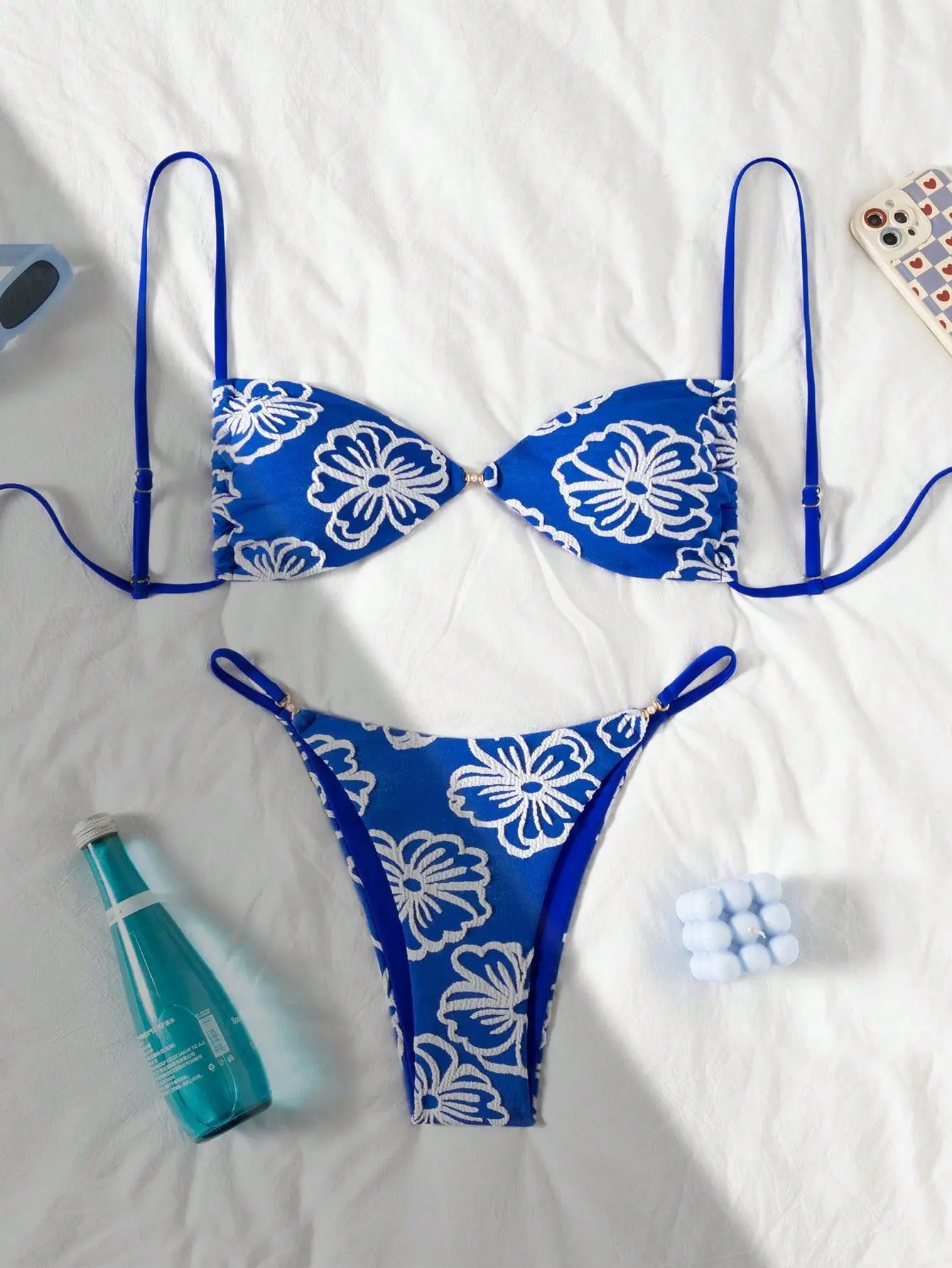 Sexy Blue Lace Flower Micro Bikini Set Women Pearls Pleat Push Up Bra Thong Swimsuit 2026 Beach Bathing Suit Holiday Swimwear