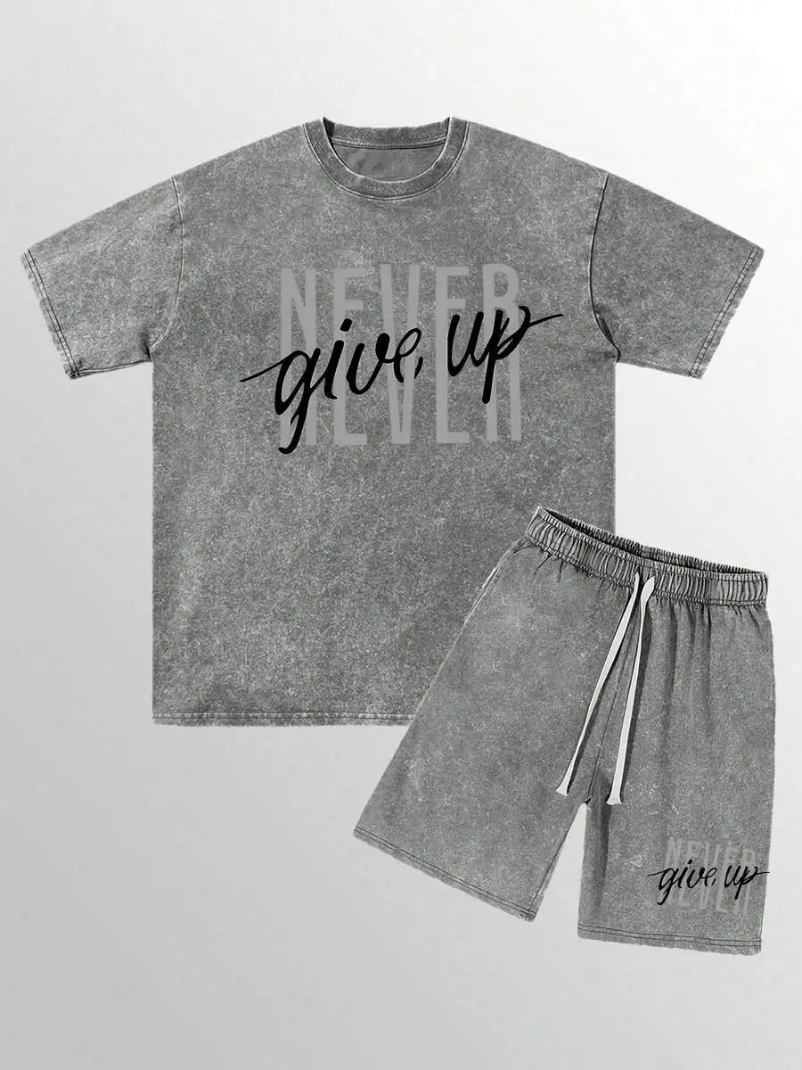 

Mens Cotton Retro Washed Streetwear Set Oversized T-Shirt And Shorts With Never Give Up Print