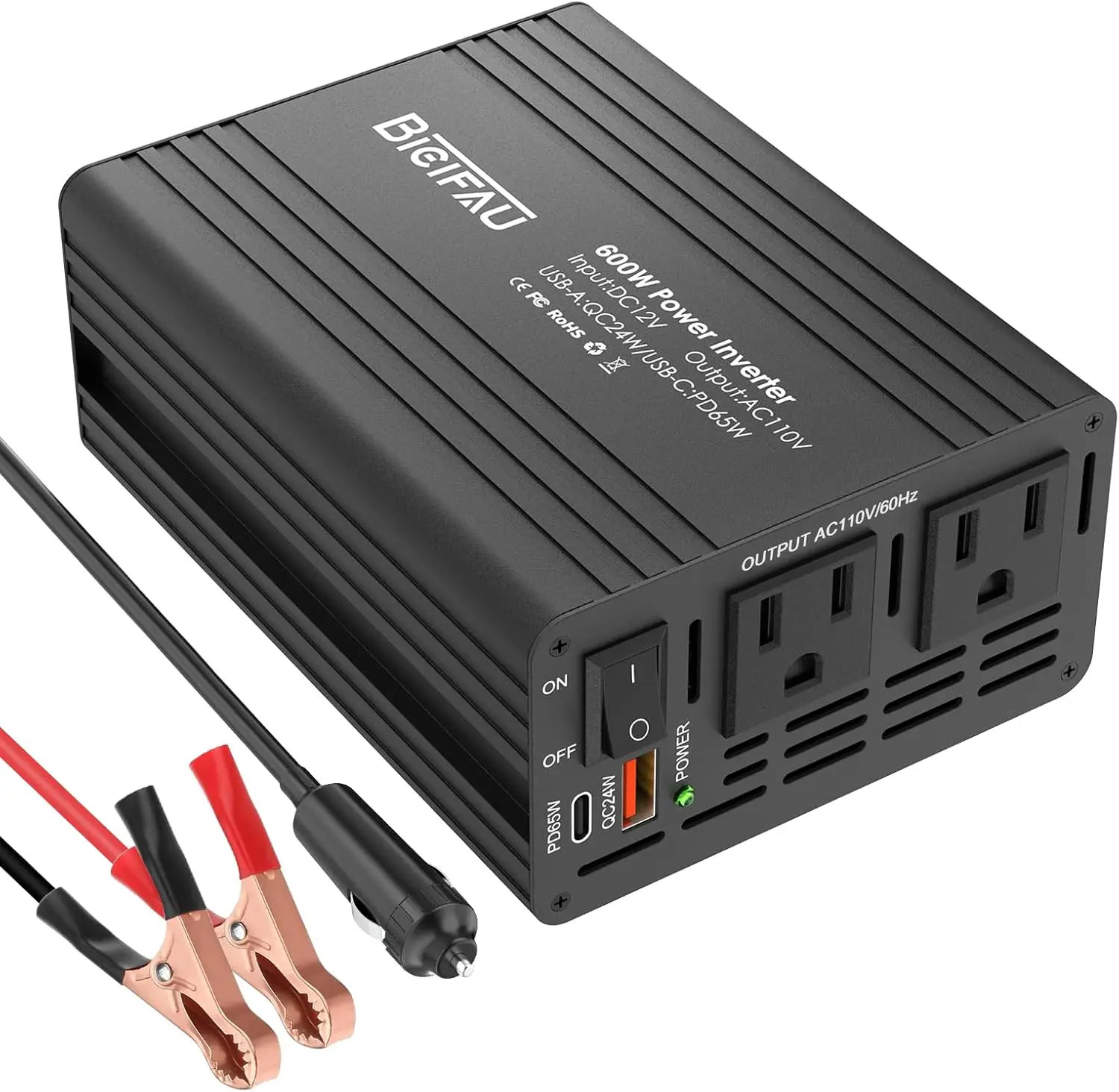 

600W Inverter 12V to 110V, DC to AC Car Power Inverter for Vehicles with 65W USB-C Fast Charging 24W USB-A Dual AC Socket