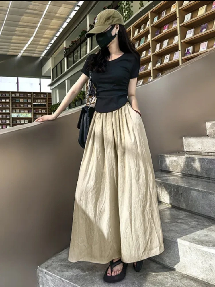 

Summer 2025 New Pleated High Waisted A-line Skirt Fashion Solid Color Maxi Dress Simple Elegant Elastic Waist Pink Skirt