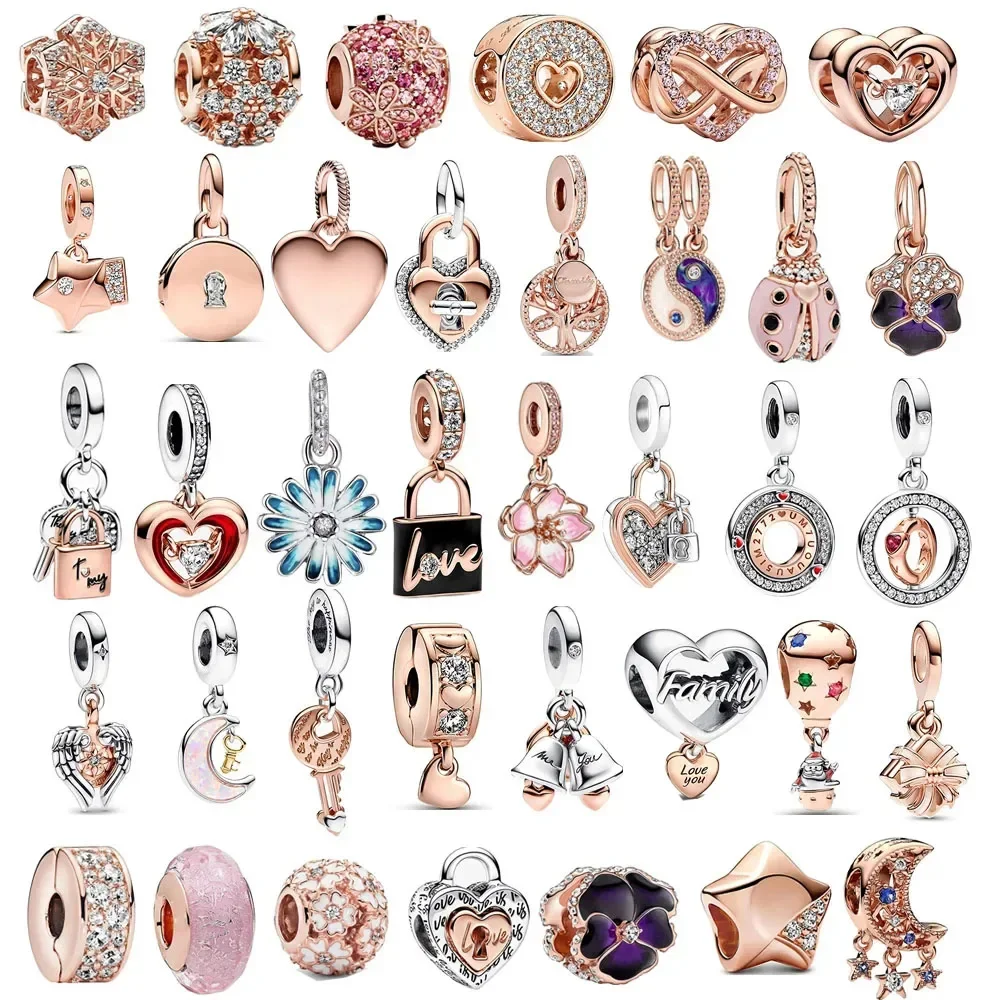 

Classic 925 Sterling Silver Sparkling Rose Gold Ocean Heart Dangle Charm Fit Pandora Moment Bracelets and Necklaces DIY Jewelry