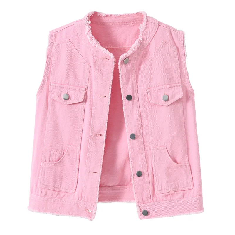 Women's Slimming Sleeveless Denim Vest round Neck Summer Trend Top with Frayed Edges Fashionable Camisole