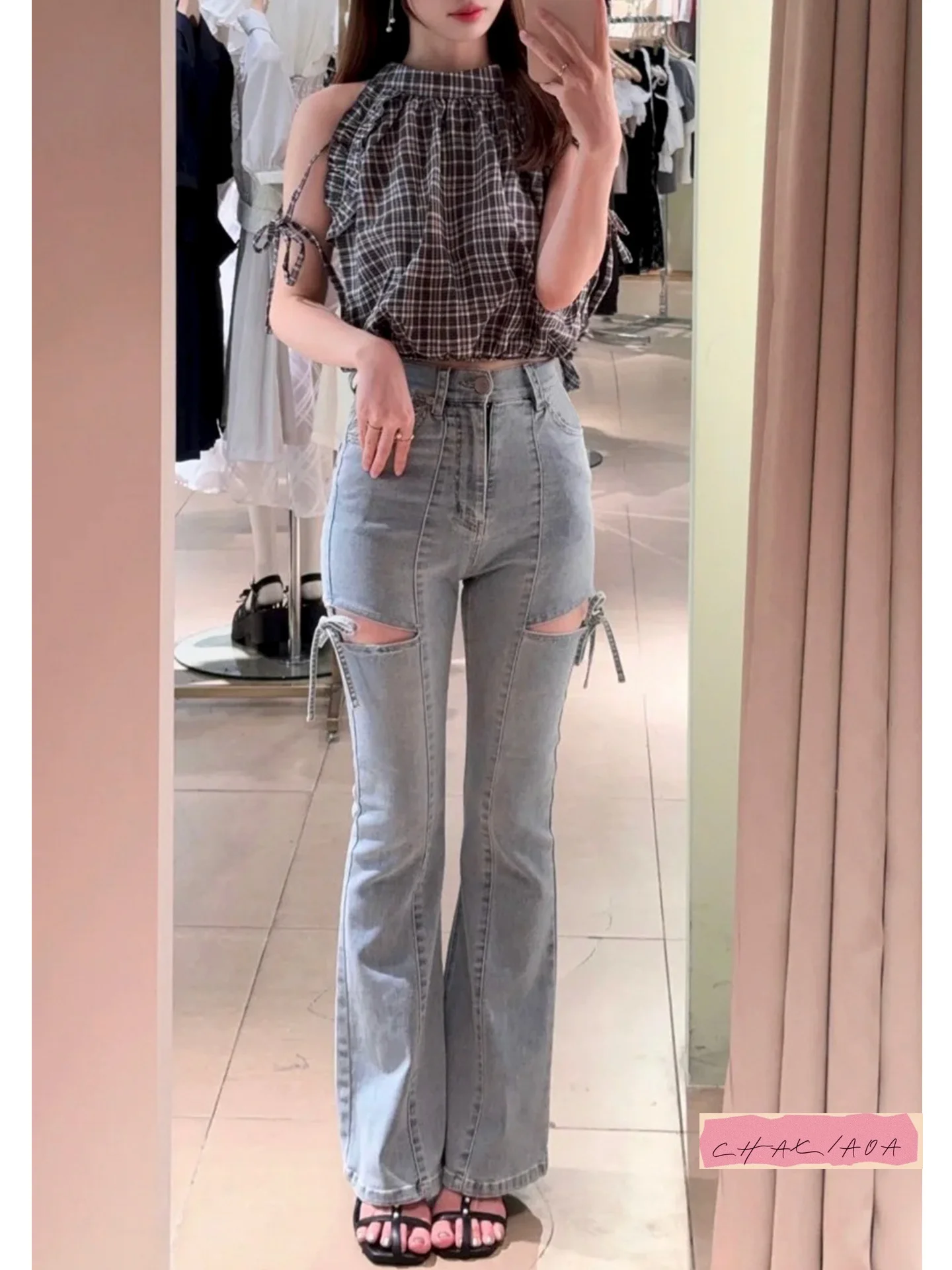 

Japanese retro pure desire women's clothing slim and thin hollow bow lace-up versatile horn jeans trousers autumn and winter