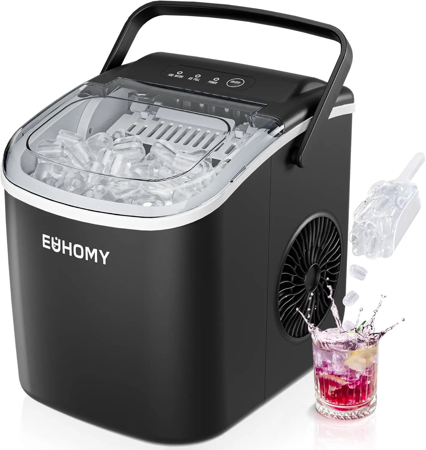 

Countertop Ice Maker Machine with Handle, 26lbs in 24Hrs, 9 Ice Cubes Ready in 6 Mins, Auto-Cleaning Portable Ice Maker