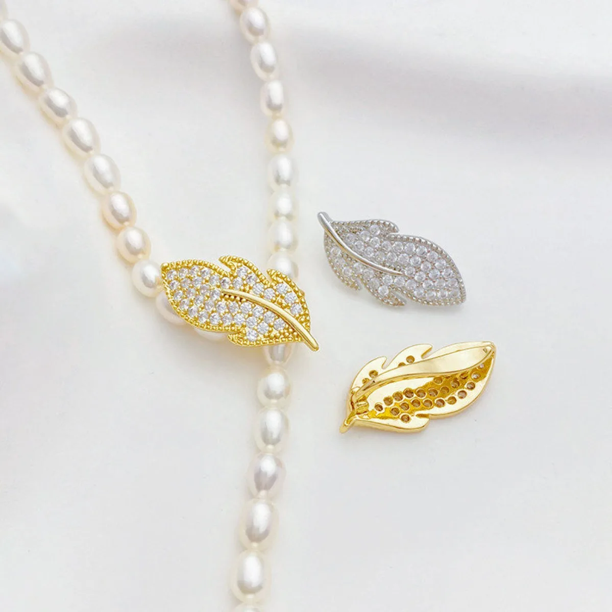 18K Real Gold Zircon Leaf Feather Pearl Buckle Handmade DIY Bracelet Necklace End Buckle Jewelry Findings