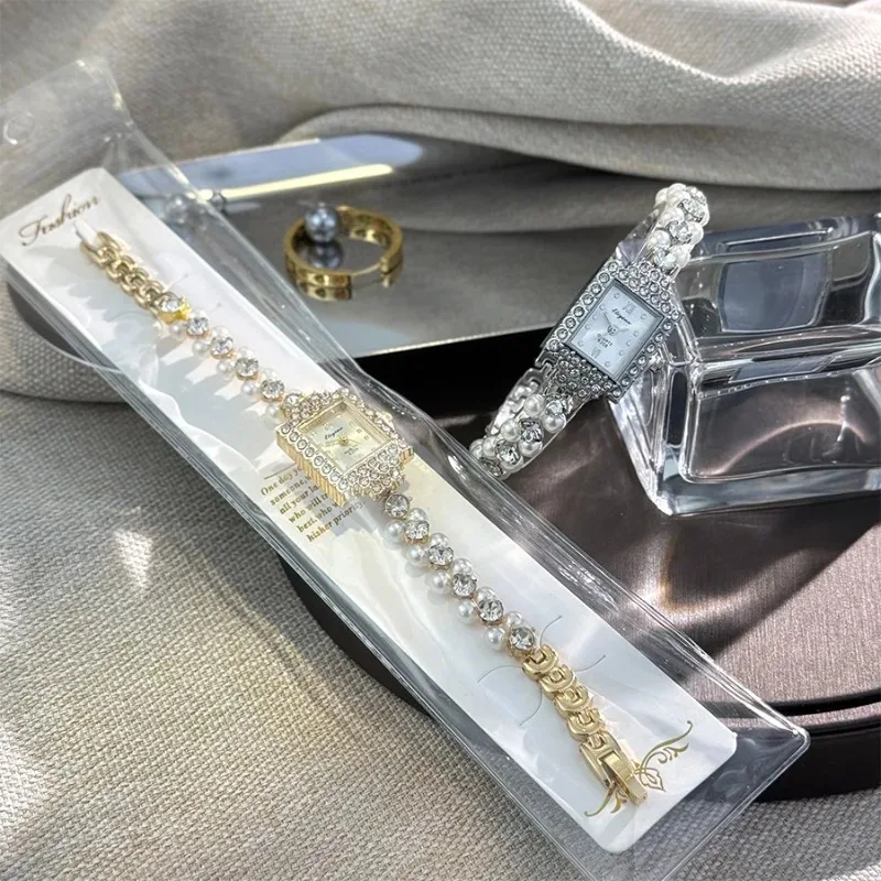 

Винтажные изысканные часы с жемчужным браслетом и маленьким циферблатом для женщин, квадратные инкрустированные бриллиантами, роскошные золотые женские кварцевые часы