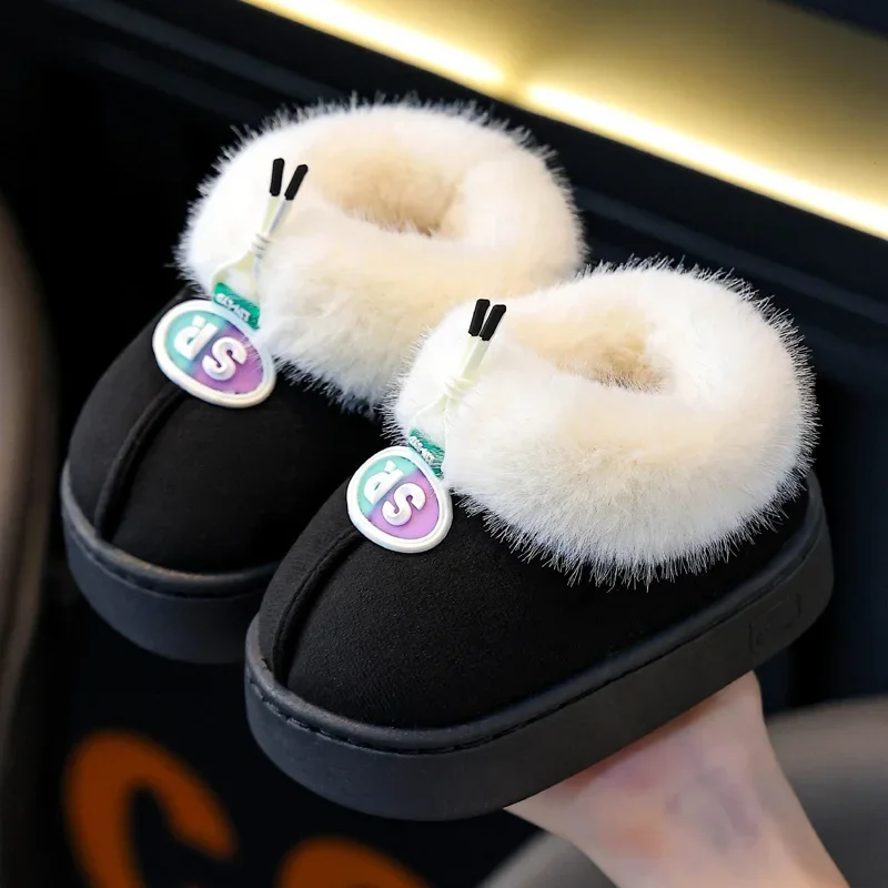 

Black Children Shoes Winter Fashion Cotton Cartoon Soft Soled Warm Non-slip Girls slippers Home Outdoor Boys Wool Cotton Shoes