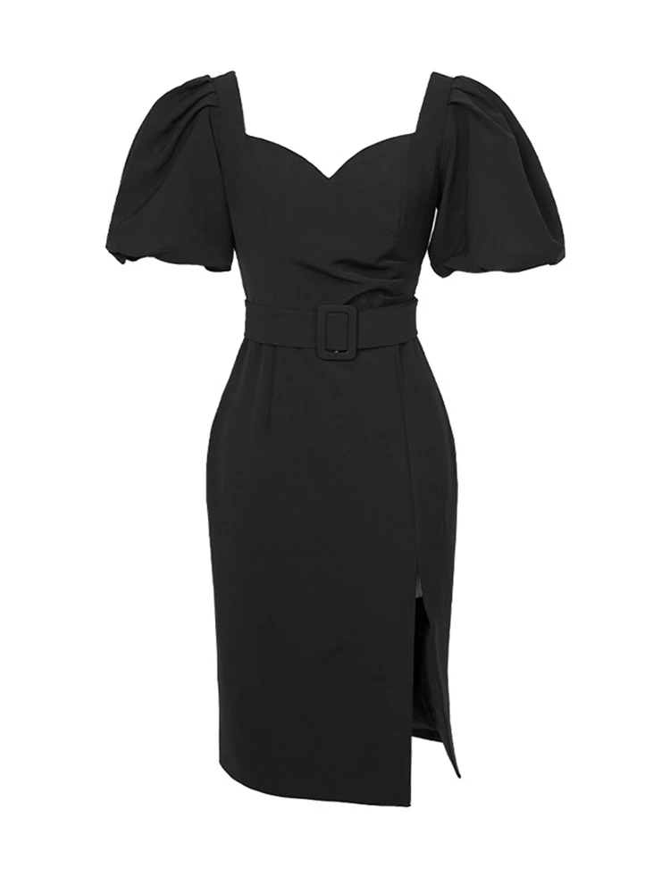 새로운 여름 우아한 여성 이브닝 드레스 시크한 블랙 섹시 퍼프 소매 슬릿 슬림 미디 펜슬 파티 클럽 프롬 여성 의류