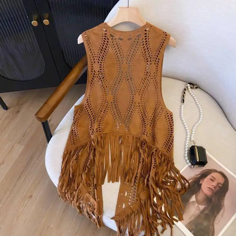 Colete Vintage camurça oco Tassel do mulheres, colete listrado