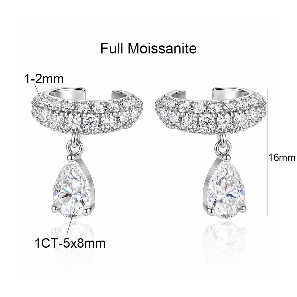 OEVAS 1CT Waterdrop Full Moissanite Clip Earrings For Women 925 Silver 18K Gold Plated Pear Cut Ear Cuff Party Fine Jewelry
