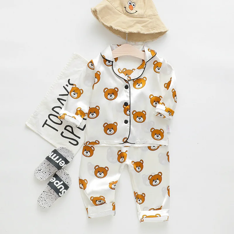 Children Silk Satin Pajamas Set Kids Cartoon soild Tops Trousers 2Pec Spring Autumn Baby Boys Girls Casual Home Sleepwear