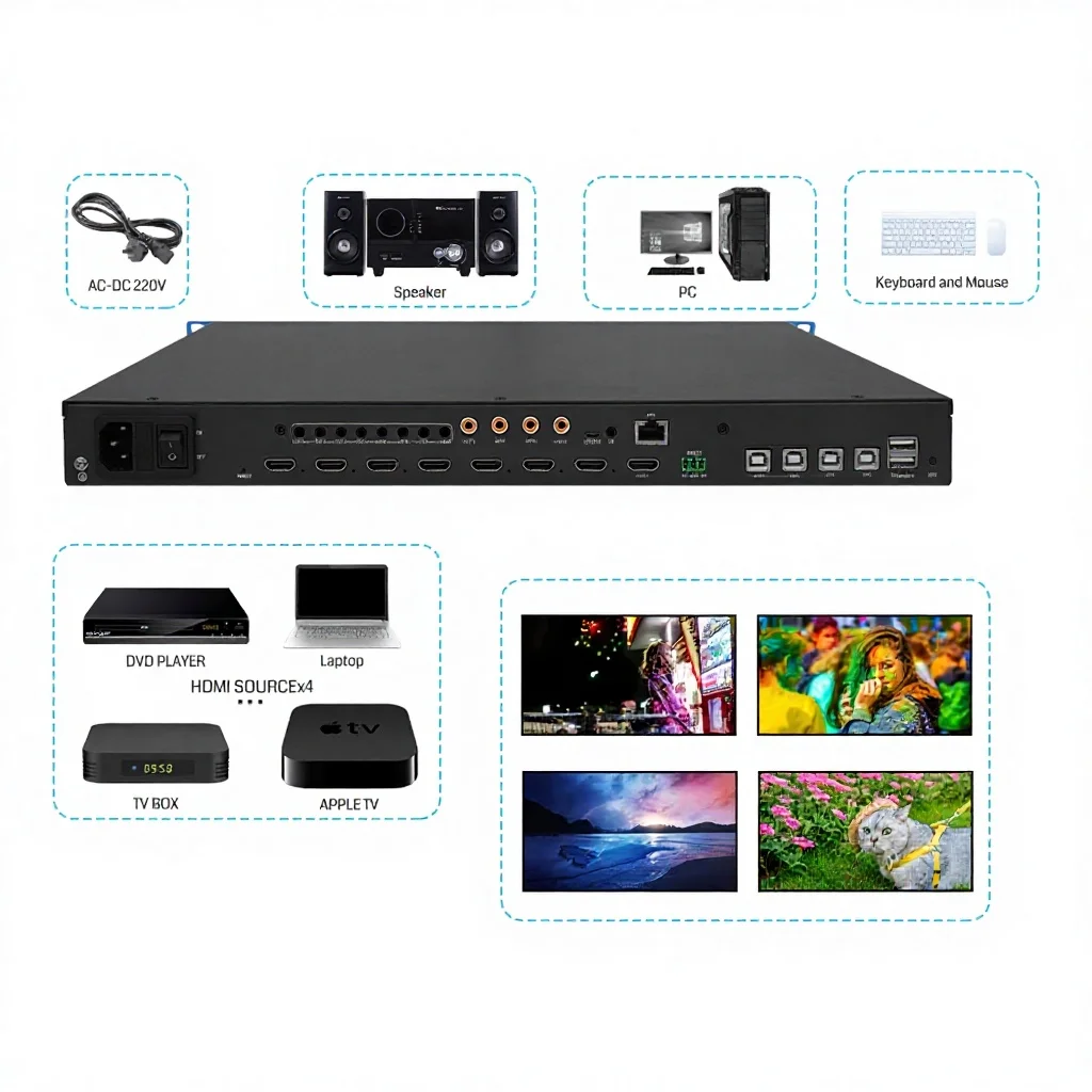 4K Ultra HD Metal Video Wall Processor BIT-VWC-U1-MD404Ma-4x4 for KVM Mouse Crossing & 1x4/2x2 Splicing