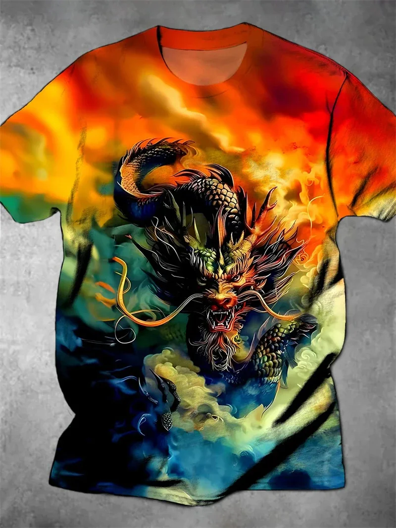 Herren-T-Shirt mit buntem Drachen-Print, lässig, Rundhalsausschnitt, kurze Ärmel, 3D-Grafik mit mythischen Kreaturen, Oberteile für Streetwear