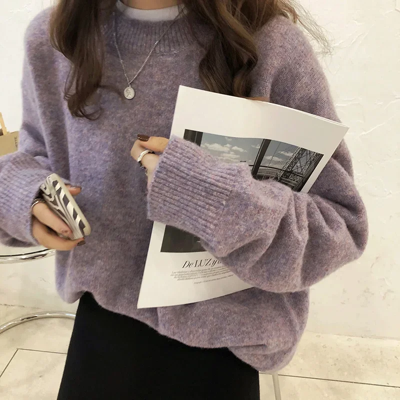 Round Neck Pullover Sweater Women Autumn Winter New Loose Retro Lazy Style Solid Color Soft Thick Knitted Top