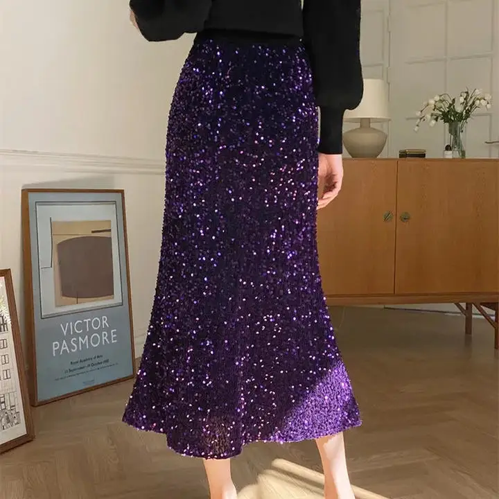 Coigarsam Women's French Style Skirt - Elastic Waist with Sequins in Gray, Black, Purple - Spring Season