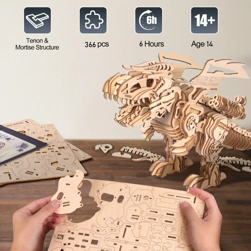 3D Wooden Jigsaw Electric Tyrannosaurus Rex Toy DIY Mechanical Assembly Kit Dinosaur Building Block Model Desktop Decorations