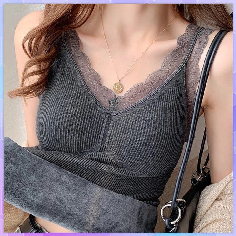 Winter Thickened Thermal Sports Bra Tank Tops Pad Camisoles Female Black White Solid Lace Basic Tube Top Plus Velvet Camis