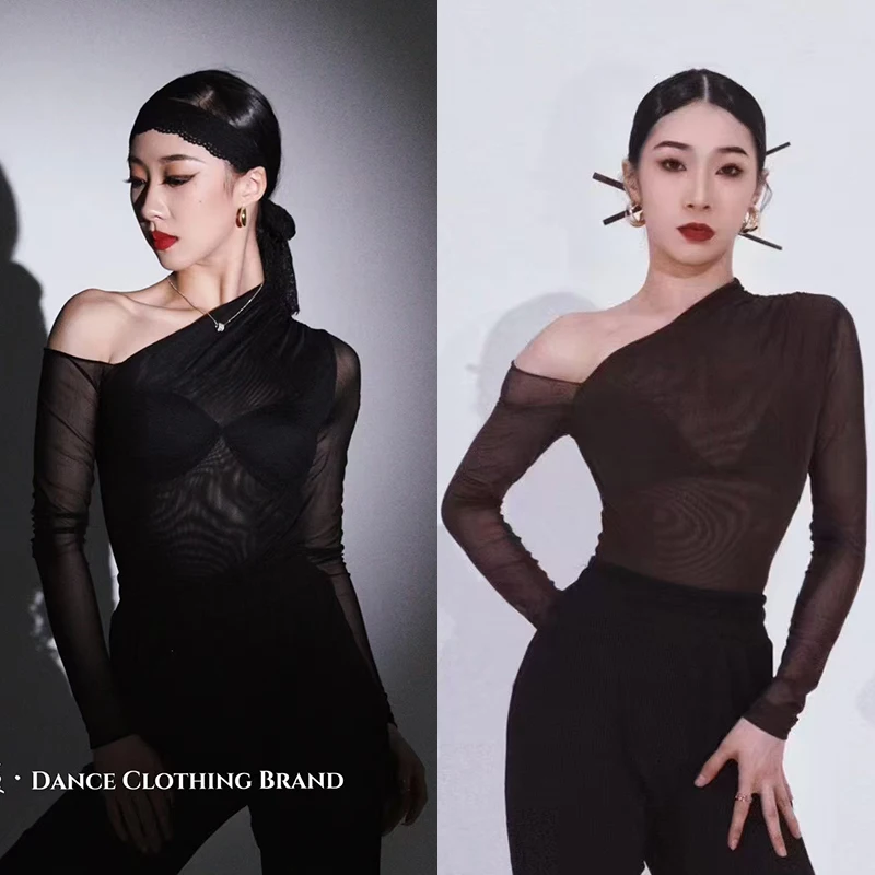 

Slant Shoulder Sesy Mesh Latin Dance Tops Women Adult Performance Clothes Rumba Ballroom Dance Leotards Practice Wear DNV22987