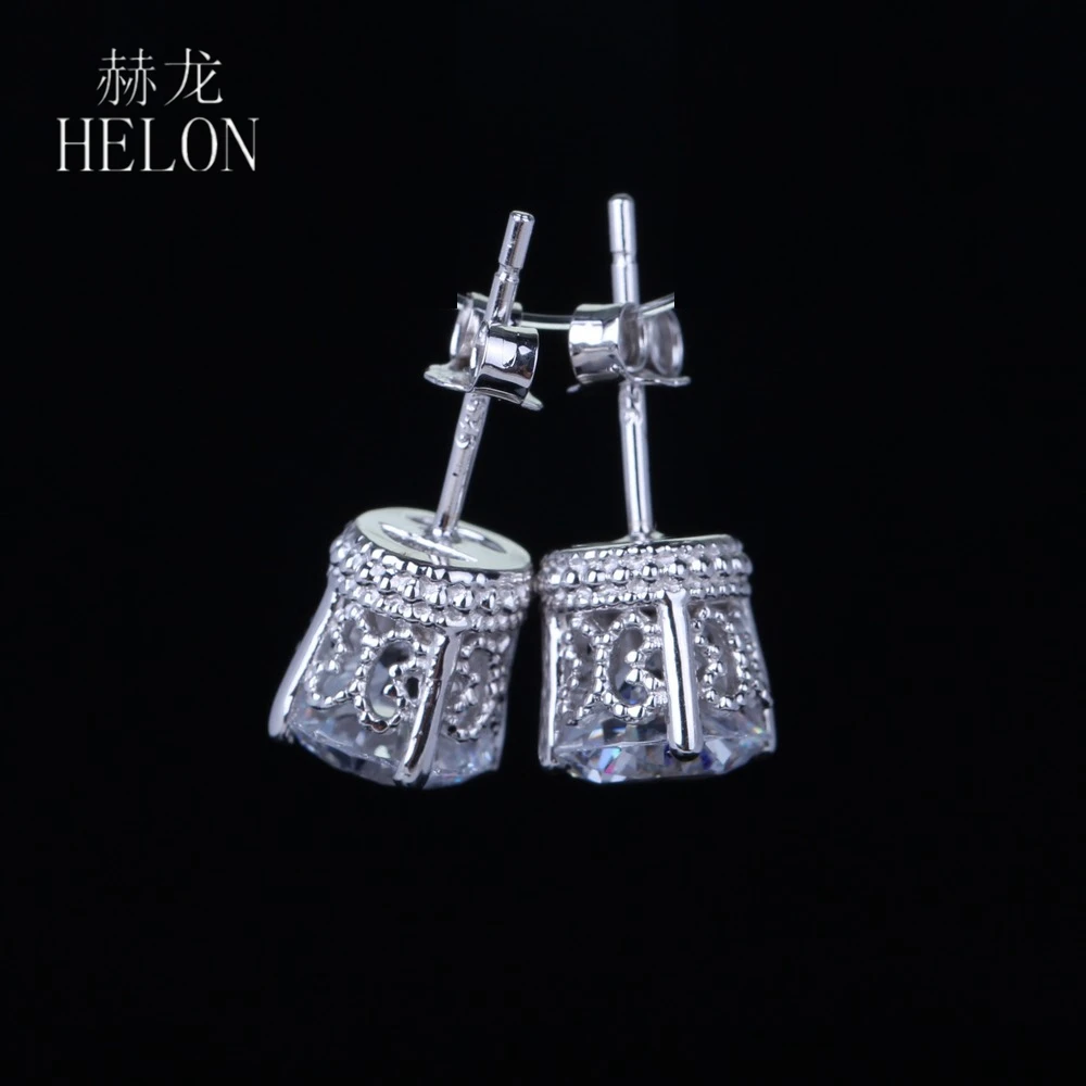 HELON Solid 14k white gold Round 7mm Genuine AAA Graded Cubic Zirconia Engagement Stud Earrings Women Fashion Vintage Jewelry