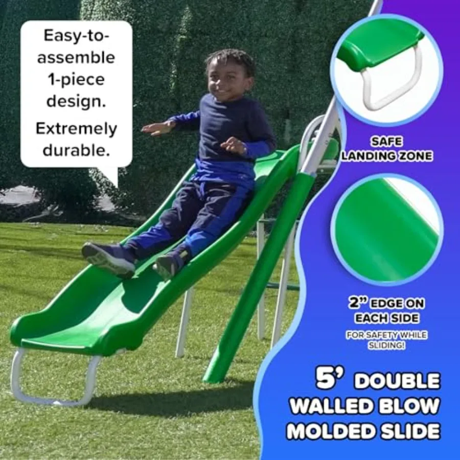 Metal Swing Set: 2 Swings/Standing Swing, 2 Person Roman Glider Swing, Teeter Totter and 5' Wavy Slide*Bonus 4pc Anchor Kit*