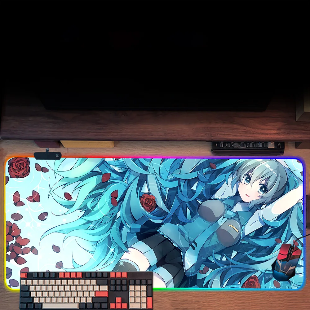 H-Hatsunes M-Miku RGB PC Gamer Teclado Mouse Pad, LED Brilhante Mouse Mats, Borracha Gaming Computer Mausepad