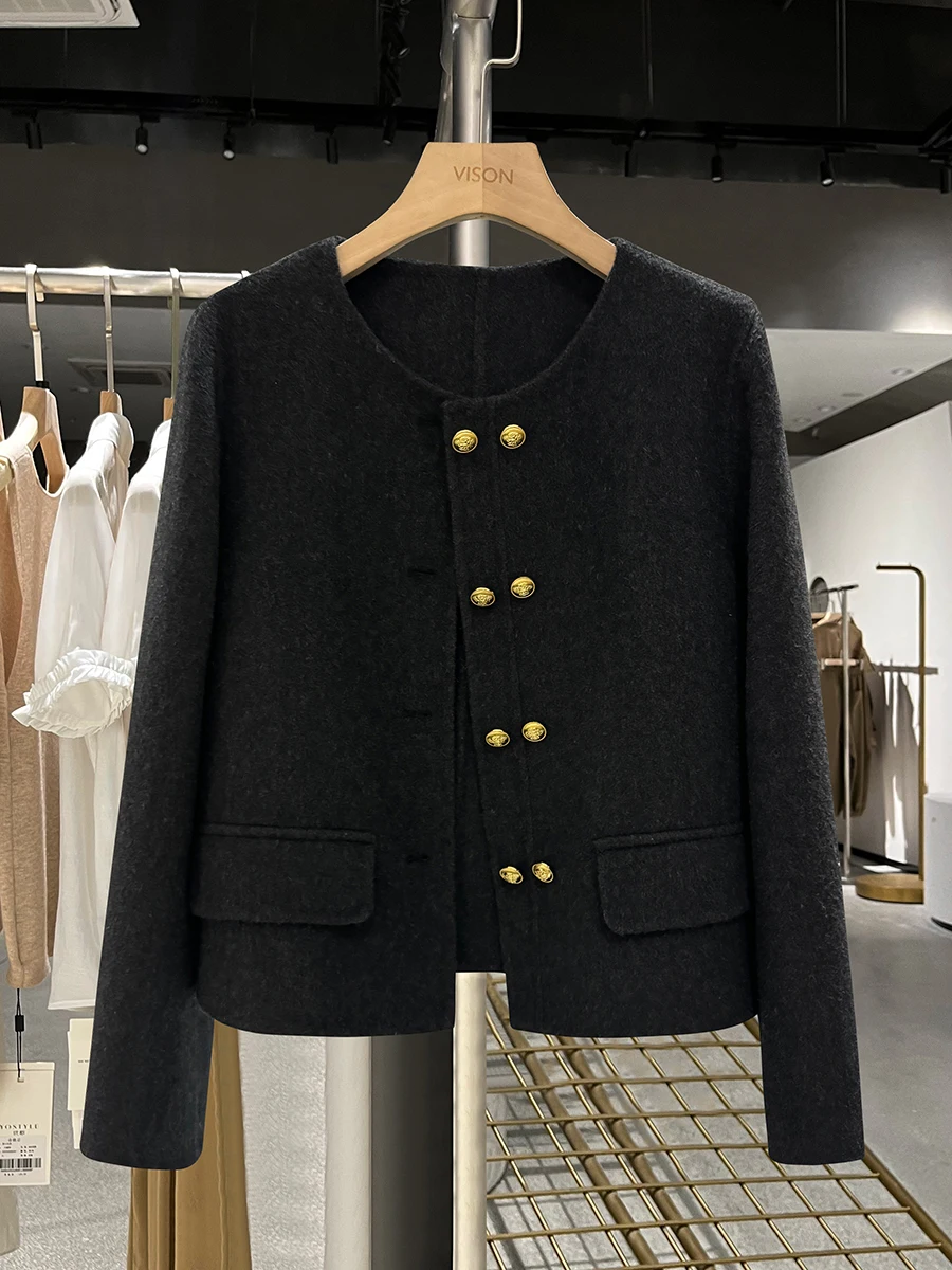 

Double-Faced Woolen ort Coat Deep ey Women's Autumn Winter Faion Commute Sle Button Element Pure Color Long Sve