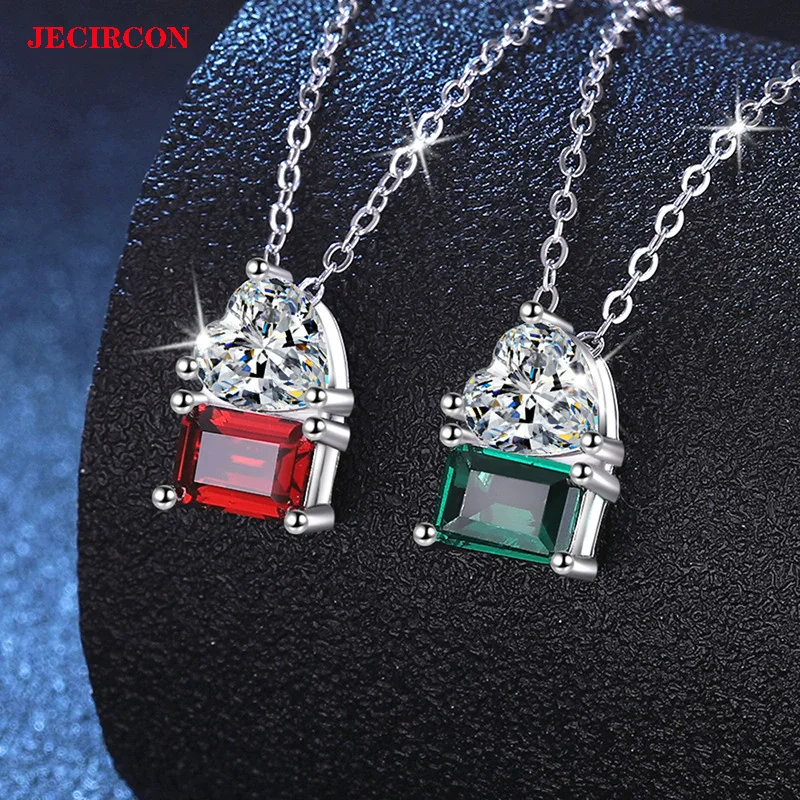 

JECIRCON S925 Sterling Silver Necklace 1CT Heart Shaped Moissanite with Geometric Red/Green Gem Pendant Luxury Sparkling Jewelry