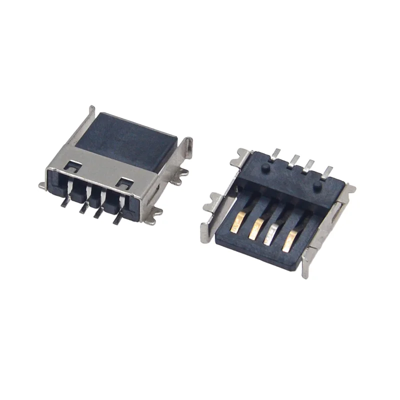 10PCS Ultra Thin 4.6mm Height USB-A Female Connector, Semi-Cover 4-Pin SMT Mount, Simple Shell, Black Nylon Crimp Type Standoffs