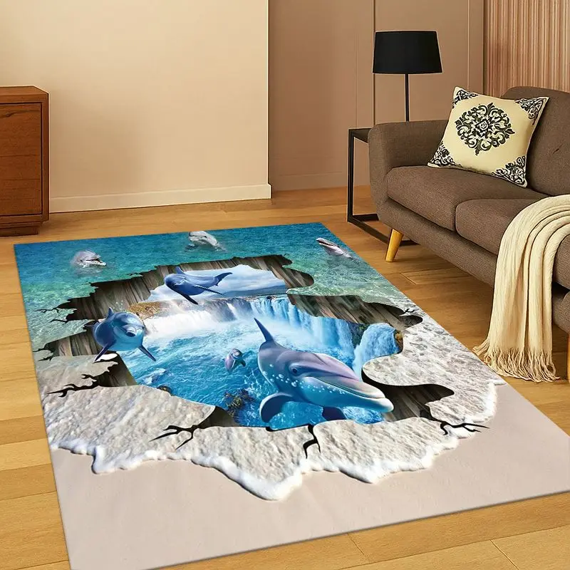 3D Illusion Underwater World Marine Life Shark Dolphin Cartoon Carpet Rug for Bedroom Living Room Sofa Doormat kids Non-slip