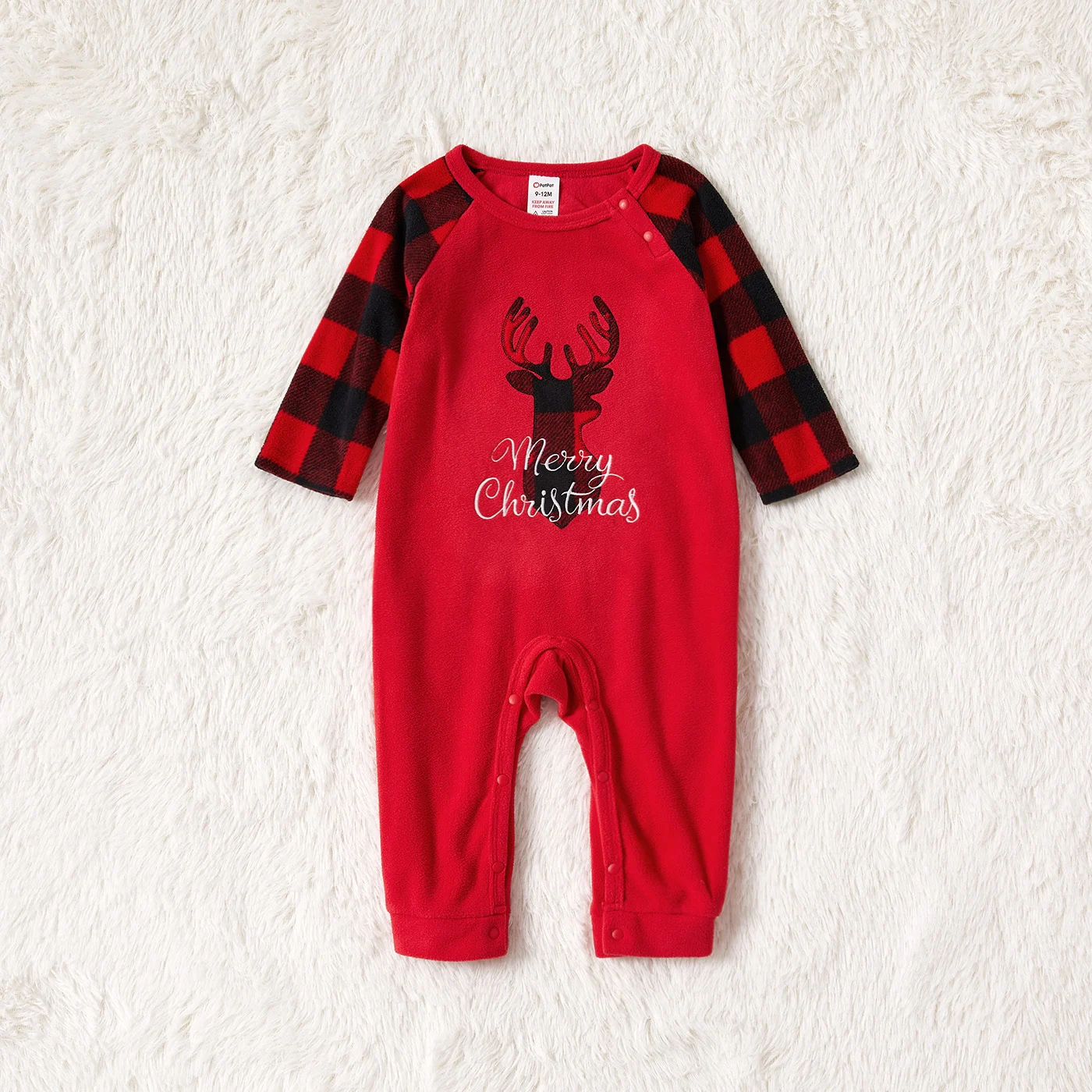 PatPat Christmas Deer and Letter Embroidered Red Family Matching Long-sleeve Polar Fleece Pajamas Sets (Flame Resistant)