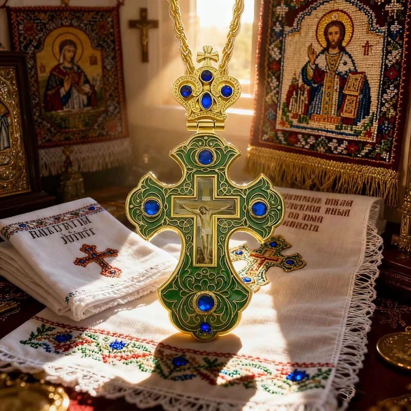 Neue 2026 Luxus-Emaille-Orthodoxe-Kreuz-Halskette mit rotem Kristall & vergoldetem Kruzifix-Ikonen-Schmuck für Priester, Liturgie & Sakramente – Detail 14