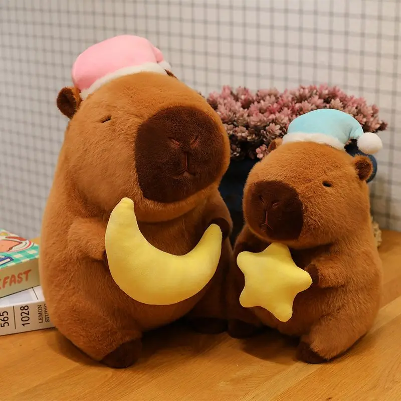 

Cute Bedtime Capybara Plush Toy Soft Stuffed Animal Capybara Doll with Sleep Hat Moon Star Fluffy Plushie for Kid Birthday Gift