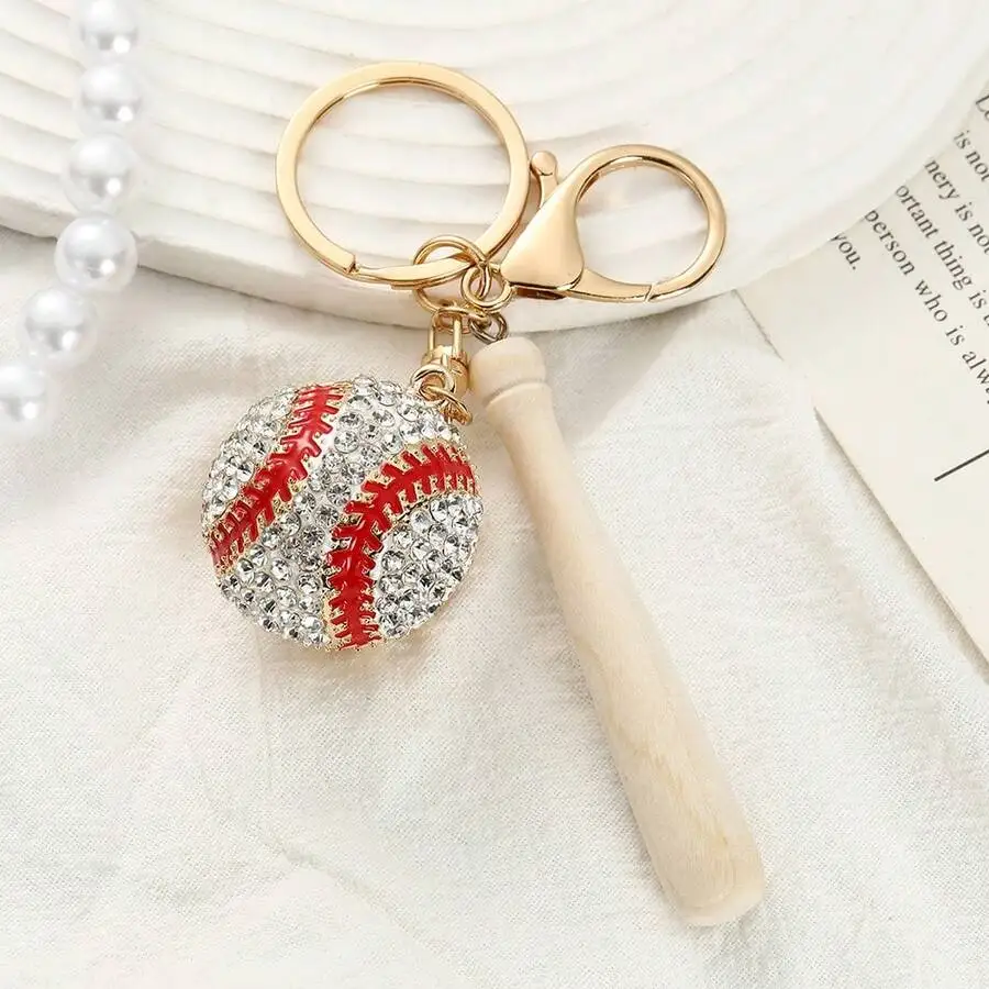 

Rhinestone Baseball Keychain With Wooden Bat Charm Zinc Alloy Bag Car Accessory
