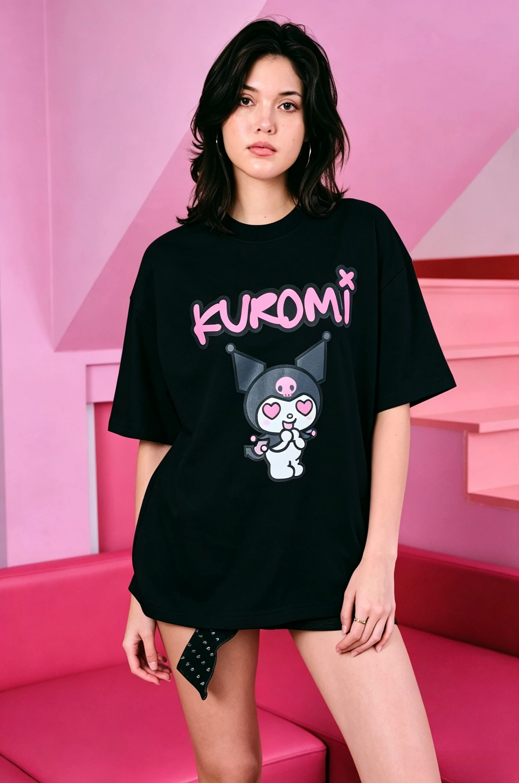 Women Oversized Kuromi T‑Shirt Sanrio Heart Eyes Cartoon Graffiti Letter Front Graphic Print Short Sleeve Y2K Kawaii Streetwear
