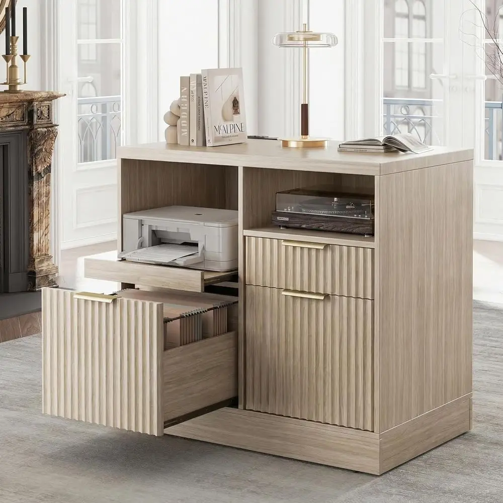 Light Oak Wooden Office Cabinet with Charging Station and Printer Stand, A4/Letter-Sized File Storage