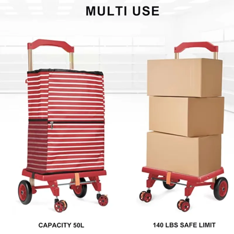 Foldable Heavy Duty Hand Cart, 40KG Load Shopping Trolley Featuring 45L Bag, 360° Wheels, Aluminum Grip and TPE Rubber Tires