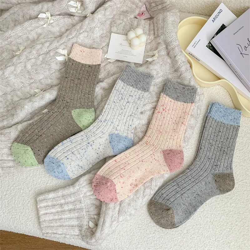 1/3/4 Pairs Women Thermal Socks Winter Warm Point Yarn Mid-Crew Slouchy Color Block Thick Socks EU 35-40