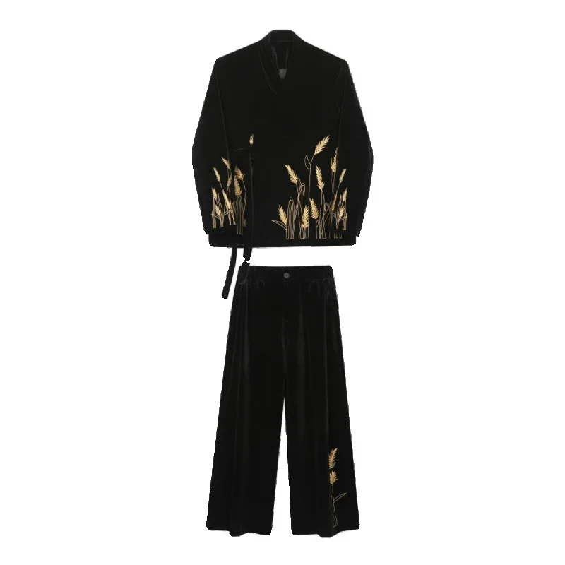 WTHT แฟชั่นผู้ชายชุด Heavy Industy เย็บปักถักร้อยไหล่ Blazer เสื้อเอวสูงตรงกางเกงขากว้างชุดชาย 2A0453