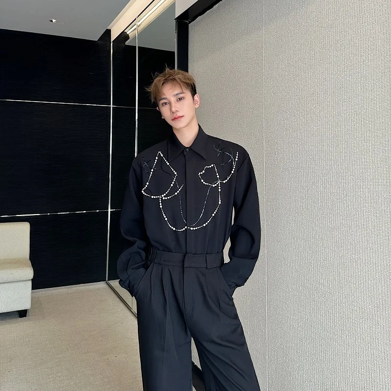 

Spring Handmade Pearl Chain iny Decoration Long Sve irt ex Design High-End Cusized Sle Youth Faion Casual Top