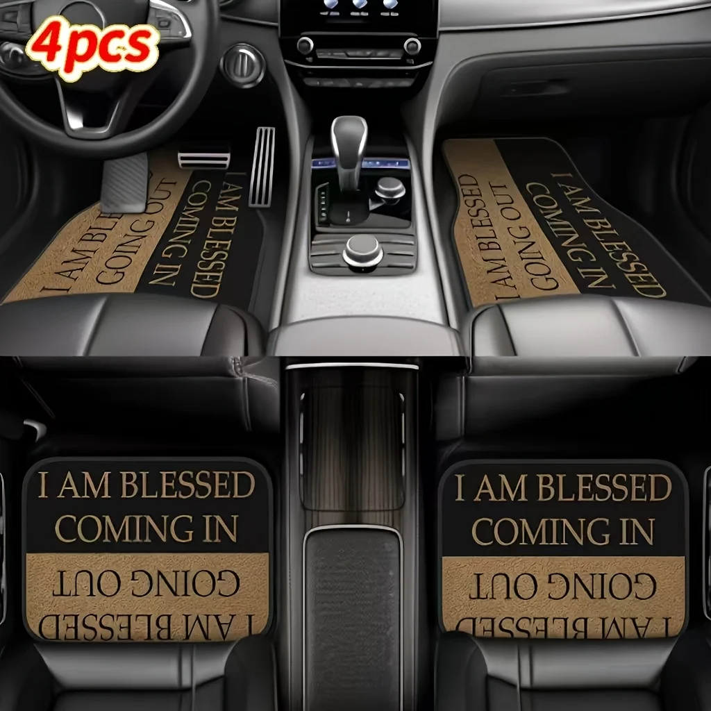4pcs Black Brown Blessing Style Pattern Printing - High-End Comfortable Car Mats, Fashionable And Durable Car Accessories, Easy