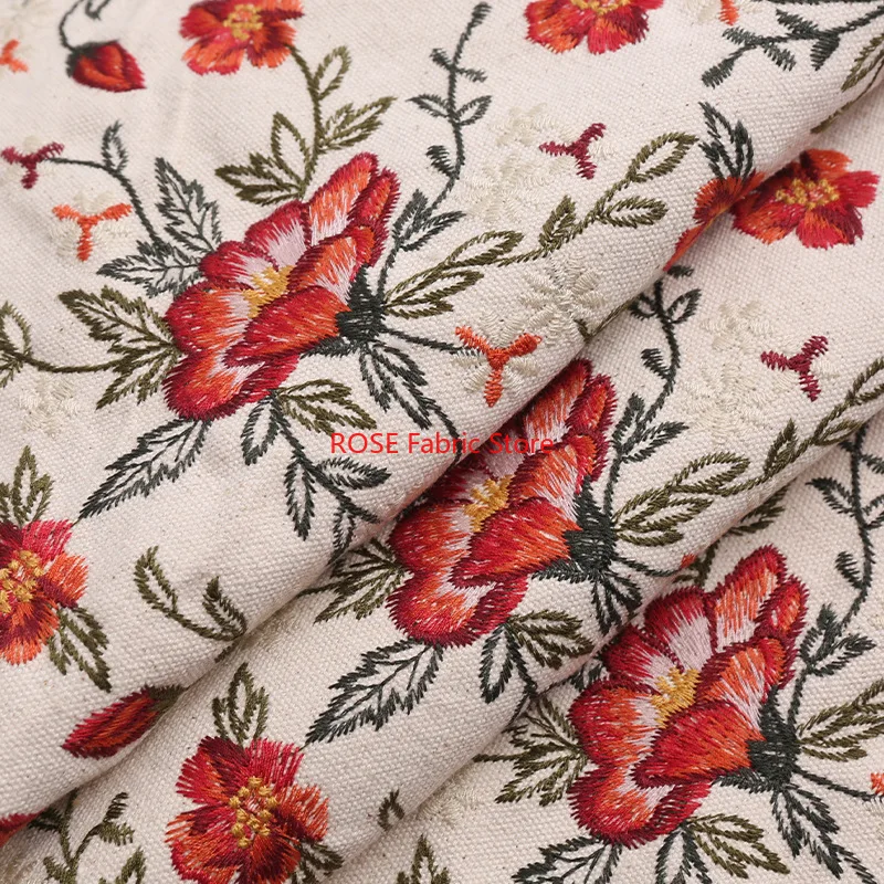 3D large flower embroidery Cotton and Linen Fabric For Dress,Cheongsam, performance costumes, sofa pillows, cushions DIY fabrics