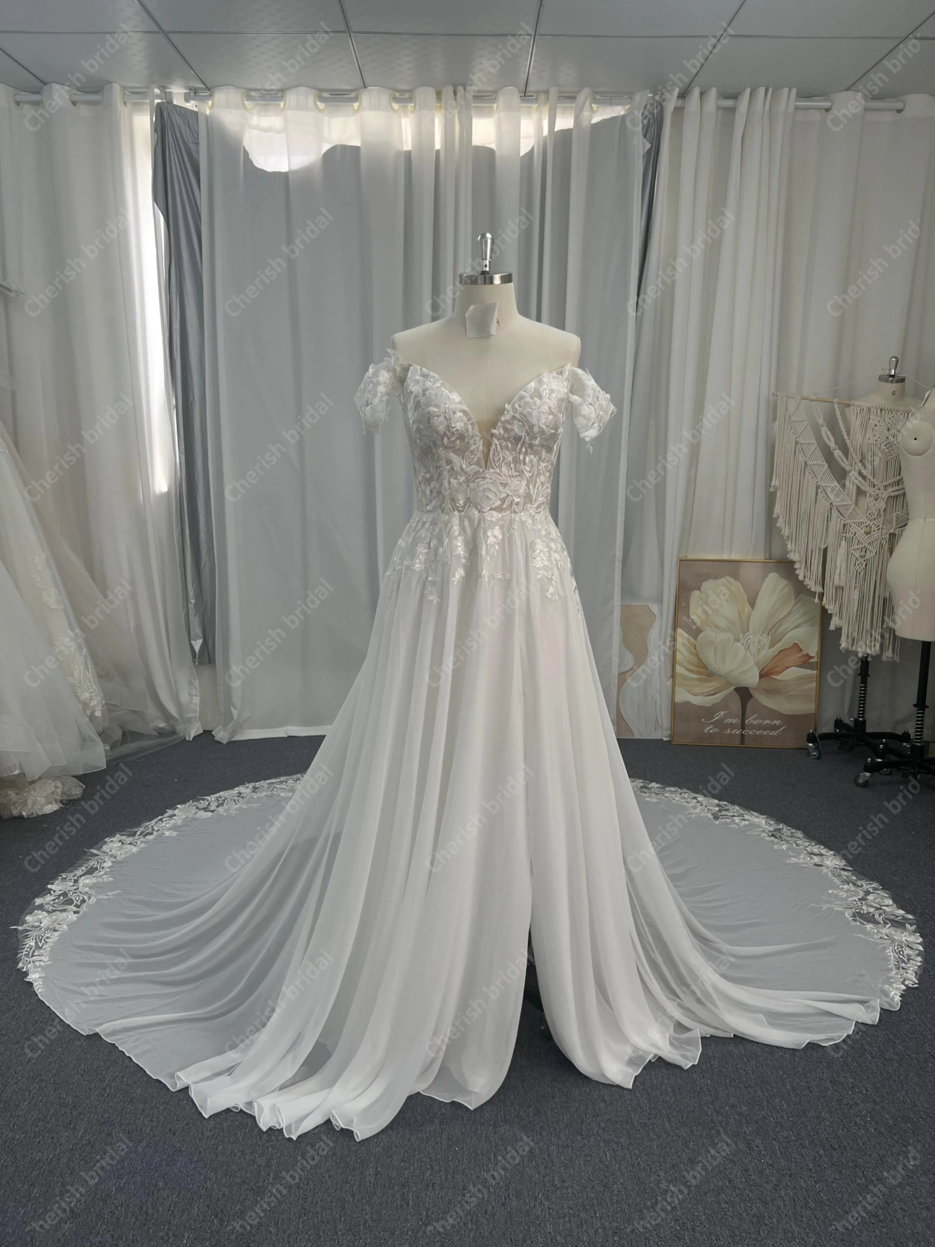 Wedding dresses, Brides wedding dresses 2024, elegant off shoulder weddingdress lace applique bridal dress with chiffon skirt