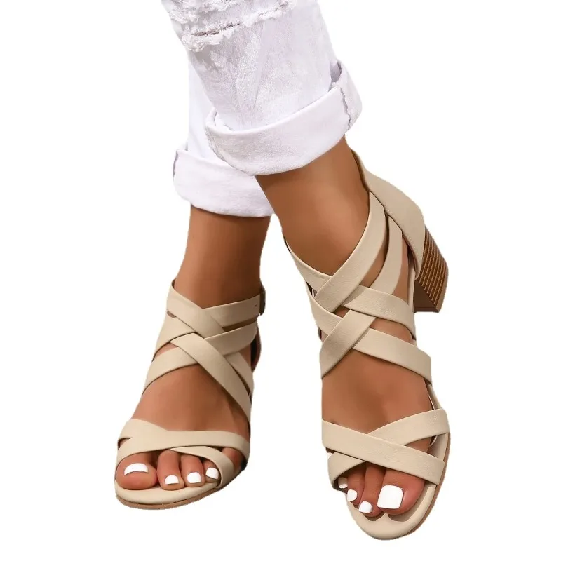 

Women Sandals PU Buckle Strap 5CM Thick Heel High Heels Round Toe Shallow Women Shoes Sandalias Mujer 2025 Size 35-42 Black