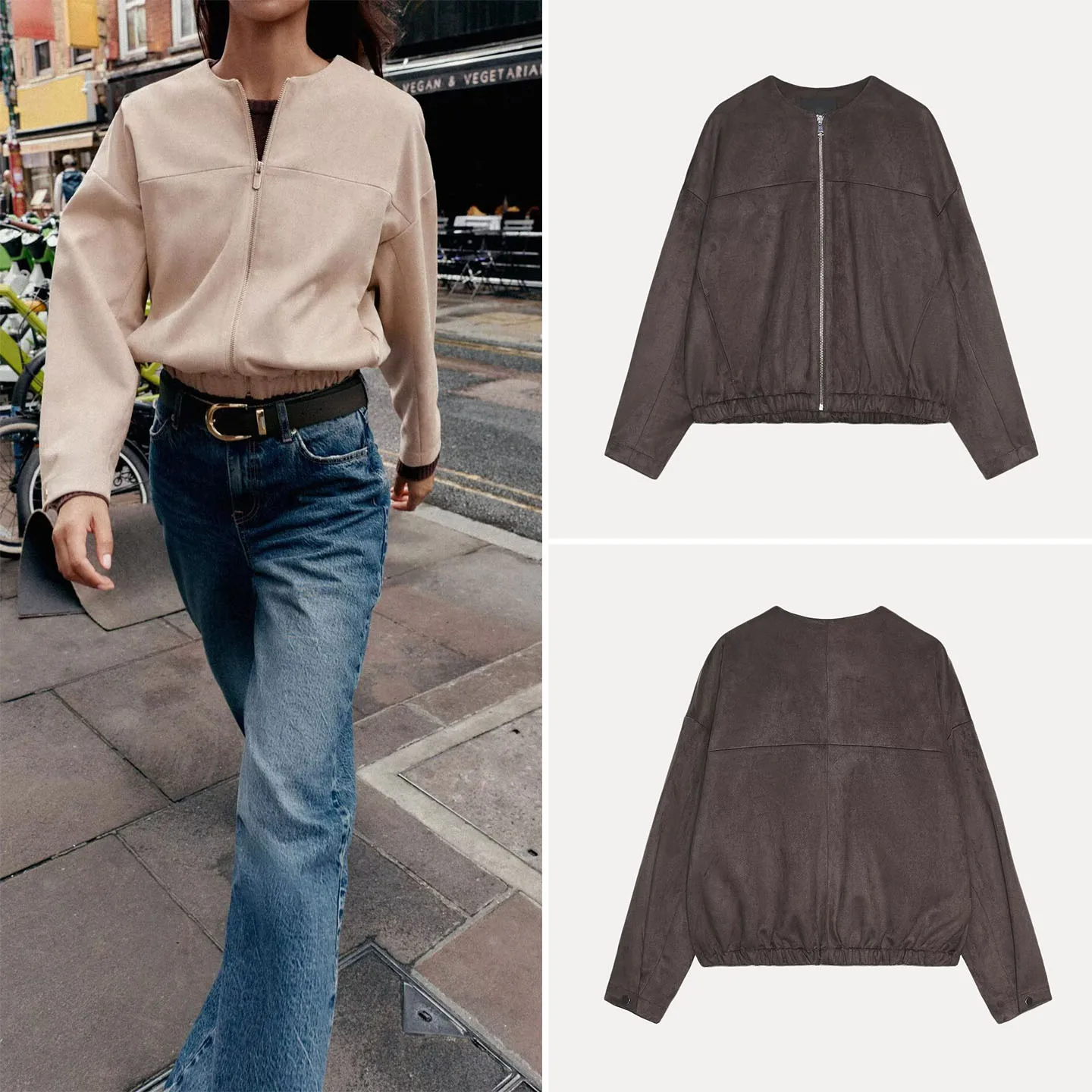 

Women's Casual Sle Stand Fit Jaet Autumn 2025 Anti-Fur Leather Effect Coat Long Sve round Ne Zipper Closure