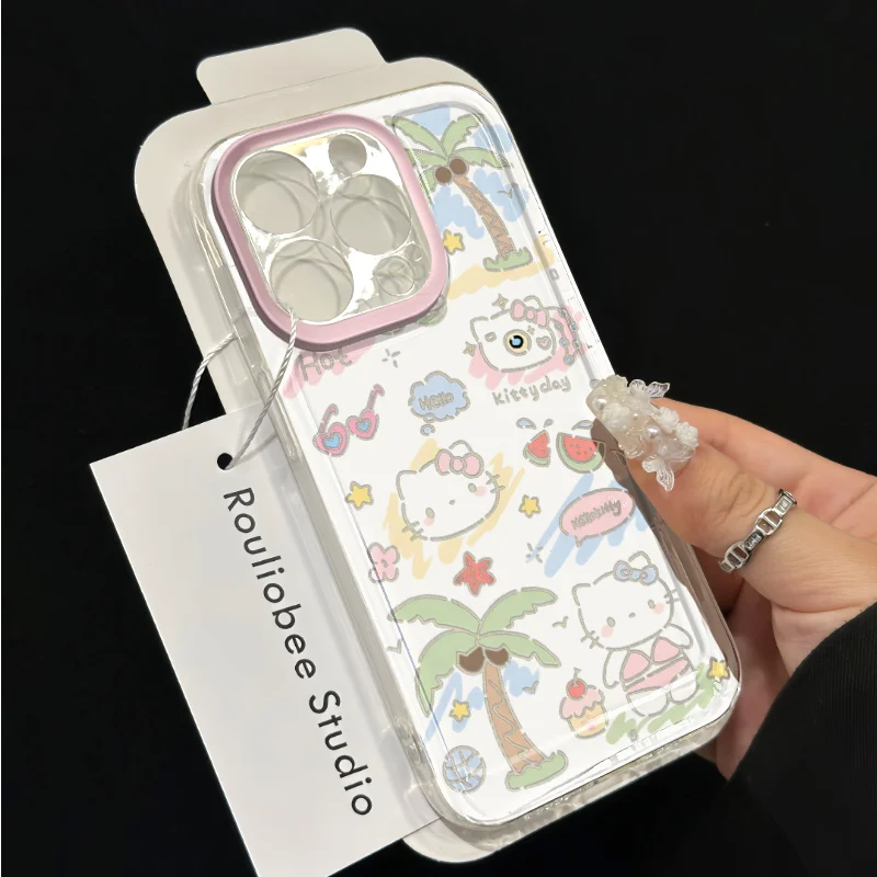 Hello Kitty Coconut Tree Swimwear Phone Case Anime Cartoon Sanrio 15 Promax 14 13 Personality Soft Case Phone Protective Case