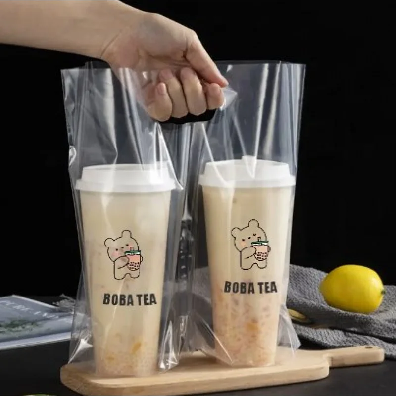 Customized product、Custom Logo Print Take Away Pe Plastic Packaging Bag Coffee Bubble Tea Boba Tea Cup Carry Out Bag