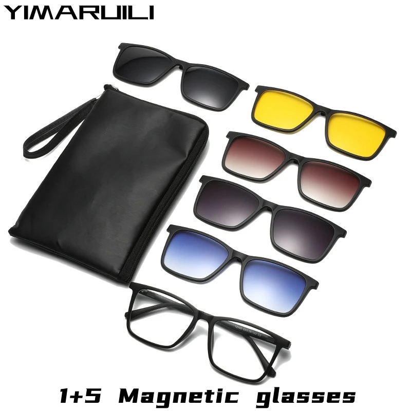 YIMARUILI Ultra-light Fashion 1+5 Magnetic Clip TR90 Round Retro Square Optical Prescription Eyeglasses Frame For Men and Women